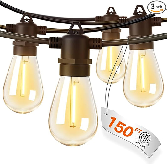 addlon 150FT(3-Pack*50FT) LED Outdoor String Lights with Edison Shatterproof Bulbs, Heavy-Duty and Weatherproof Strand, Commercial Grade Patio Lights, Decorative for Garden or Patio, Black