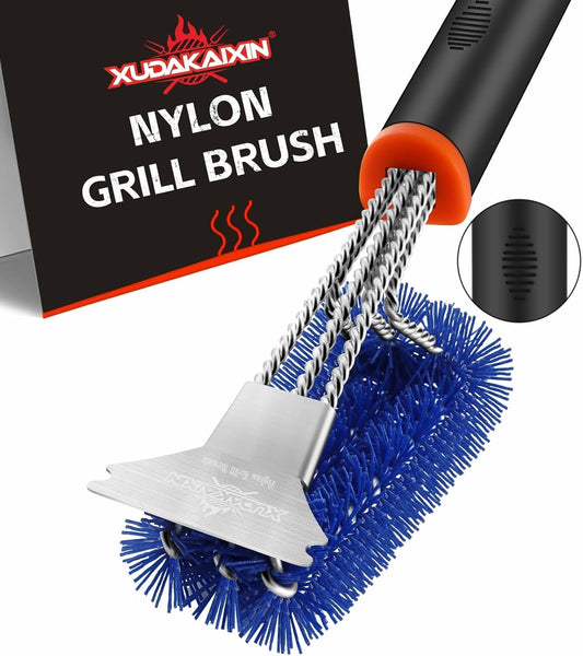 Grill Brush and Scraper, Safe Nylon Bristles Barbecue Triple Scrubbers Cleaning Brush for Cast Iron Grates/Porcelain/Weber Gas/Charcoal Grill,Extra Strong BBQ Cleaner Accessories (Blue)