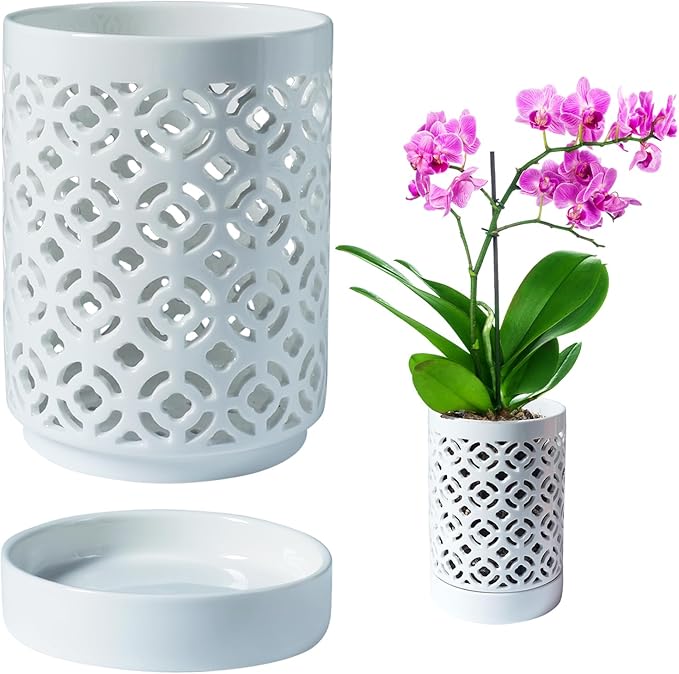 Orchid Pot 4 Inch, Orchid Pots with Holes & Saucers for Repotting, Breathable Slotted Orchid Pots Flower Plant Nursery Pot White