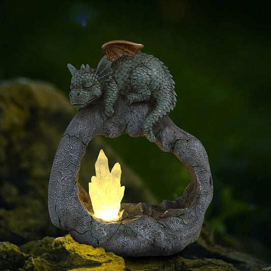 Solar Powered Dragon Statue ，Garden Decor with Crystal LED Lights Handmade Waterproof Resin Dinosaur Outdoor Patio Lawn Sculpture Perfect Christmas (Crystal Dragon)