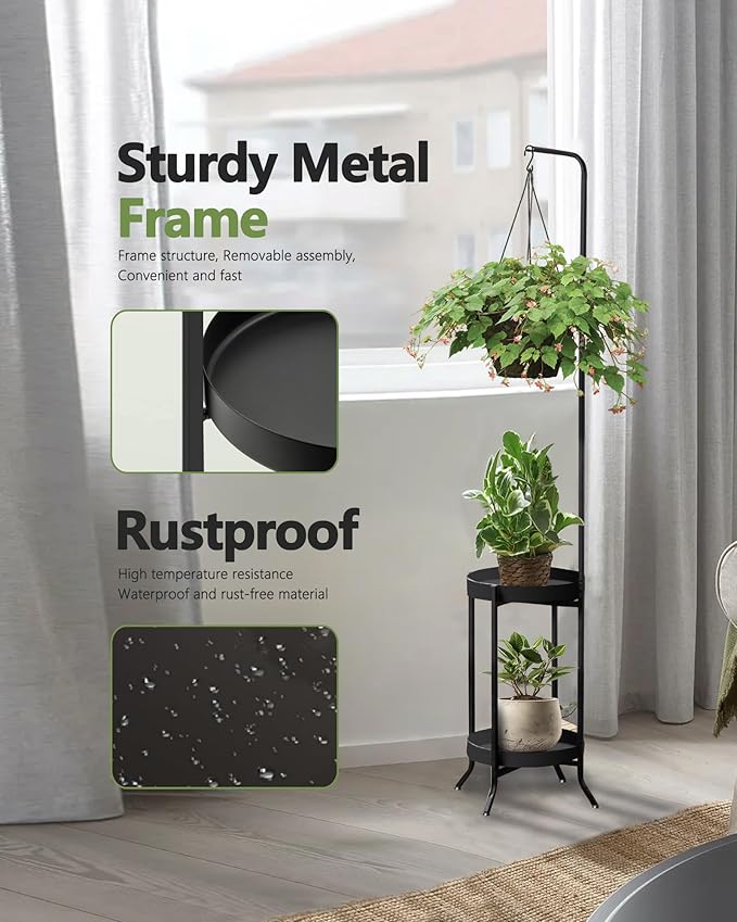 Hanging Plant Stand Indoor Outdoor, Space-Saving Corner Metal Plant Shelf 3 Potted Flower Pot Stand, 2 Tier 61" Tall Modern Planter Holder for Patio Garden Balcony Living Room Bedroom, Black