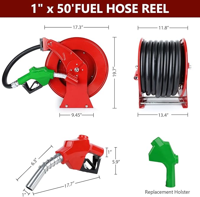 Fuel Hose Reel with Fueling Nozzle, 1" x 50FT Retractable Diesel Hose Reel, 300 PSI Industrial Heavy Duty Auto Swivel Rewind Hose Holder Reels, for Vehicle Tank Truck Trailer Ship