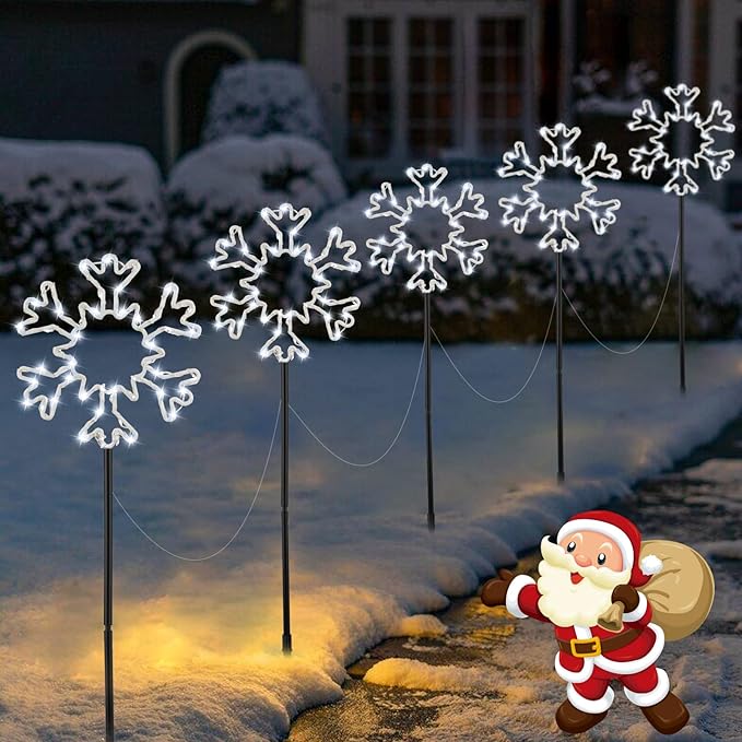 Snowflake Lights Outdoor, 5 Large Snowflake Christmas Pathway Lights Outdoor Christmas Decorations Yard Sidewalk Walkway Driveway Marker Stake, White