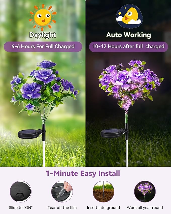 Neporal Solar Light Outdoor - 2 Pack Solar Garden Lights with Purple Carnation Solar Flowers, Solar Lights Outdoor Waterproof IP65, Solar Outdoor Lights Decorative for Outdoor Garden Decoration
