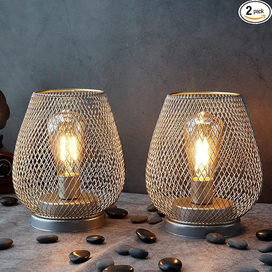 JHY DESIGN Set of 2 Metal Cage LED Lantern Battery Powered Cordless Accent Light with LED Great for Weddings Parties Patio Events for Indoors Outdoors(Silver)