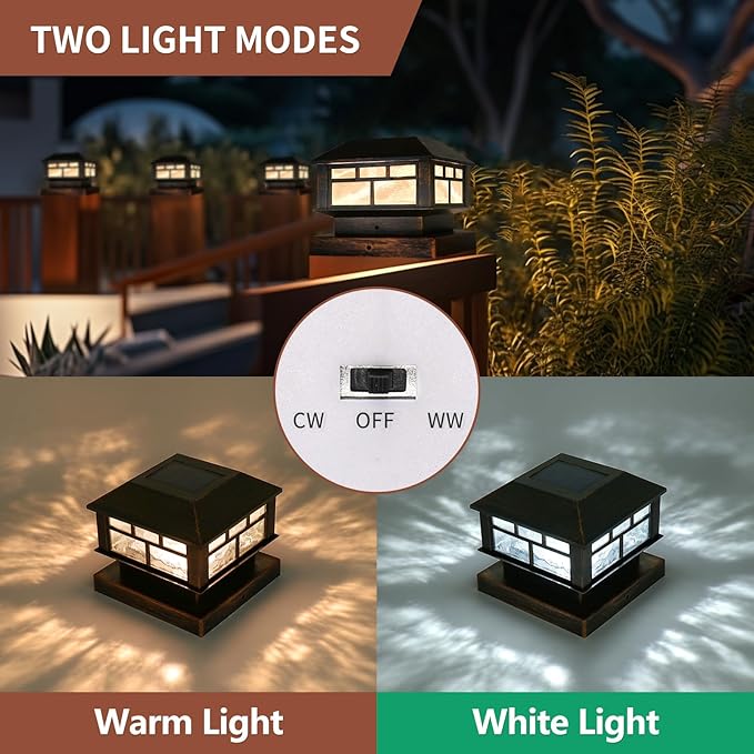 Solar Post Lights Outdoor, 20LM Fence Post Cap Lights, Waterproof, 2 Light Modes, Fit 3.5x3.5in 4x4in 5x5in Wooden Post, Solar Power Deck Lights for Garden Deck Patio Decoration(Bronze 4Pack)