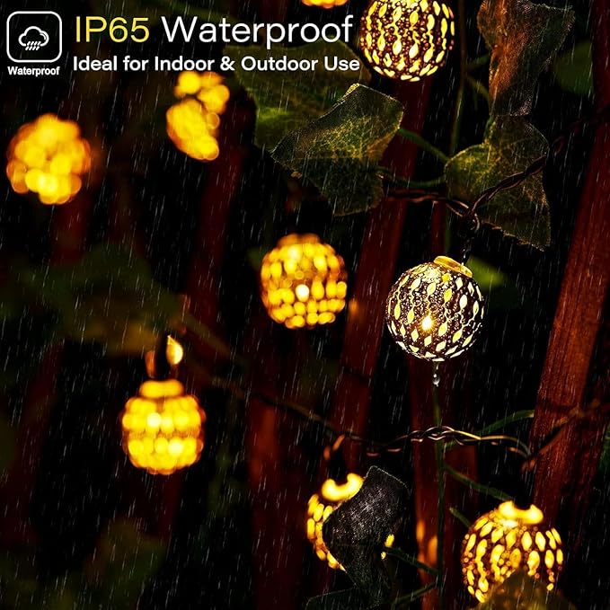Solar Moroccan String Lights Outdoor 60 LED 36 Ft Globe Fairy Lights with 8 Lighting Modes, Waterproof Solar Powered String Lights for Garden Yard Gazebos Camping Party Holiday (Warm White)