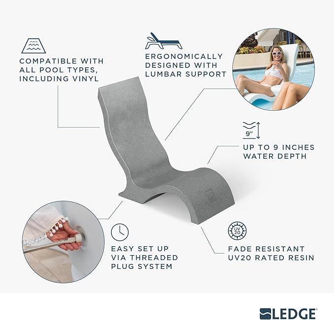Ledge Lounger - Signature Chair - Inside Pool & Sun Shelf Lounge Chair - Designed for Shallow Shelves Up to 9” - Compatible with All Pool Types - Poolside & Sun Deck Tanning - Set of 2 - Granite Gray