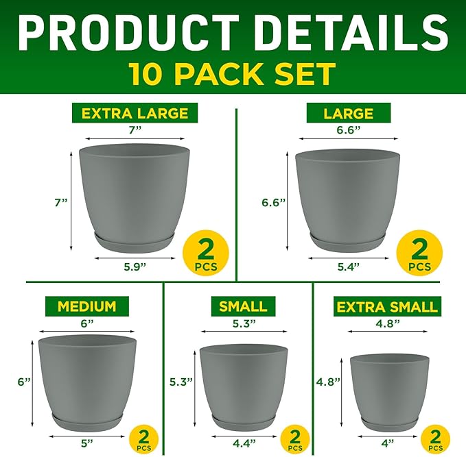 Planter Pots with Drainage Holes - Lightweight, Durable & Space-Saving Pots for Indoor and Outdoor - Versatile Functionality, Simple Modern Design, Set of 10 Plastic Planter Pots - Gray