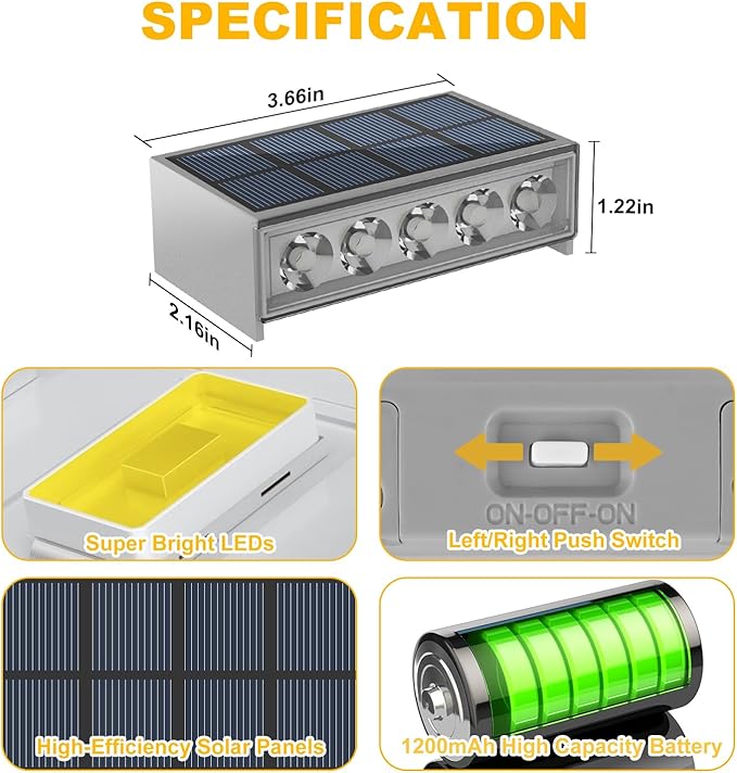 T-SUN Solar Step Light 3000K Solar Stair Lights Outdoor Waterproof LED Step Lights for Outside Stair Deck Pathway Patio Porch Warm White 6 Pack