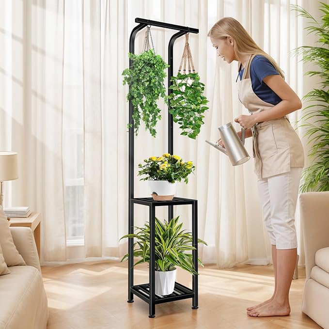 Plant Stand Indoor Outdoor, 65" Tall Plant Stand Outdoor 3 Tiered Hanging Plant Shelf Heavy Duty Flower Stand Multiple Plant Metal Display Rack for Living Room Garden Balcony