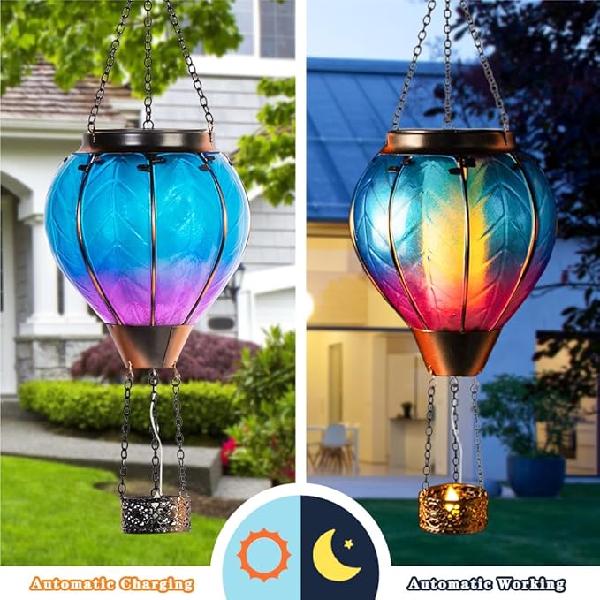 Starsoul 2 PC Blue Hot Air Balloon Solar Lantern with Flame Glass Hanging Outdoor Hot Air Balloon Solar Light Waterproof Garden Patio Yard Party Decorations