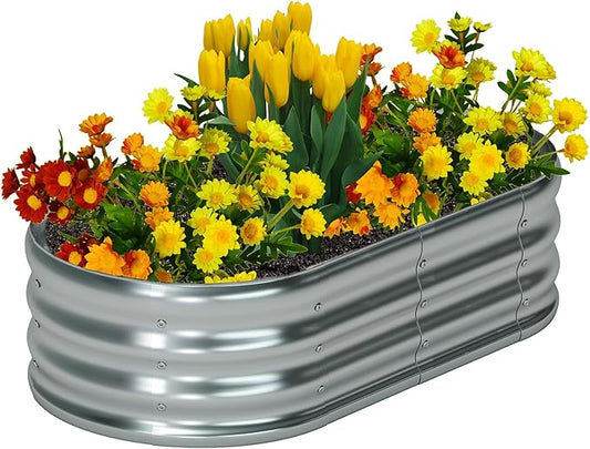 zizin Galvanized Raised Garden Bed Metal Oval Raised Garden Beds Outdoor Planter Box for Vegetables (4x2x1.3FT, Silver)