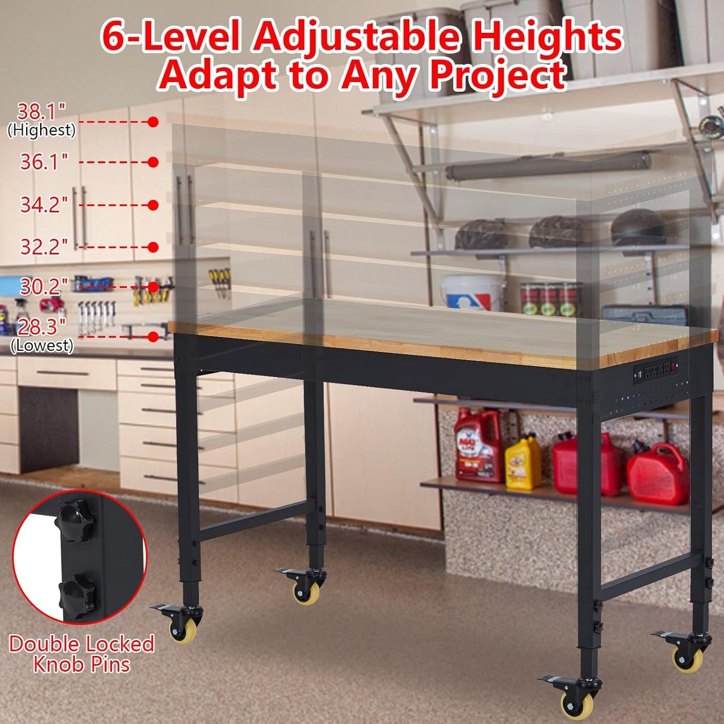 72" x 25" Heavy-Duty Adjustable Workbench with Power Outlets - 2000LB Capacity Garage Workbench, Rubberwood Top, Locking Wheels, Mobile Workstation for Workshop, Office & Home
