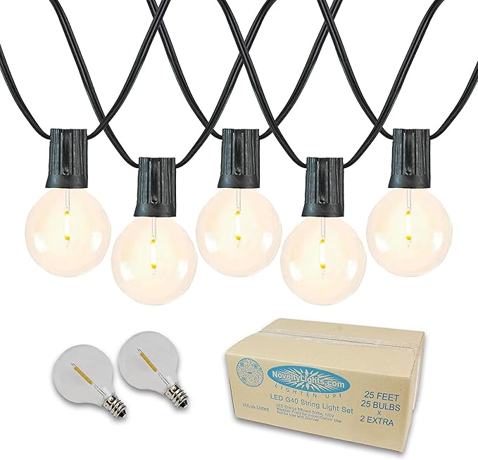 Novelty Lights 25 Feet G40 LED Patio String Lights with 25 Bulbs, Warm White, Weather Resistant and Shatterproof Replaceable Plastic Globe Bulbs, Black Wire