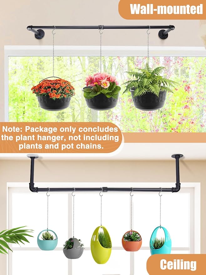 Plant Hanger Indoor, 34.2in Strong Load-Bearing Hanging Plant Holder, Window Plant Rod Black Metal Bar for Wall Ceiling Decor Shelves, 2 Pcs(Pot Chain & Plant Not Included)