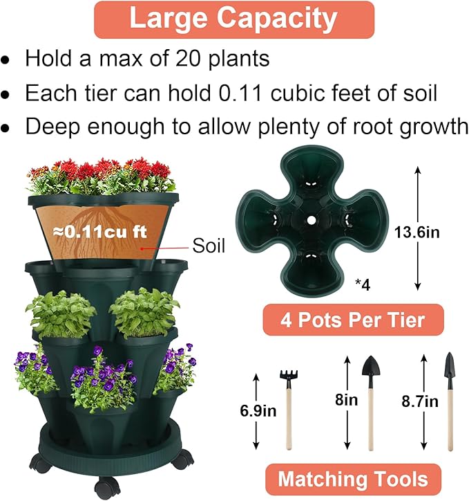 Vertical Planter 4 Tier Stackable Planters Garden Planters Strawberry Herb Flower and Vegetable Planter Indoor Outdoor Gardening Pots with Removable Wheels and Tools