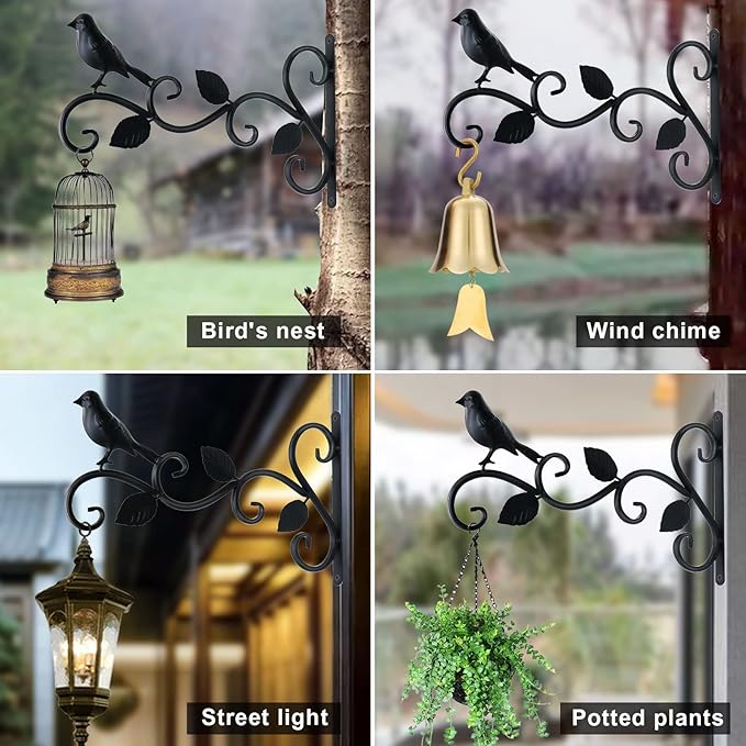 Hanging Plants Bracket 12" Bird Planter Outdoor Hooks Hangers for Flower Baskets Pot Bird Feeder Wind Chimes Lanterns Patio Garden Outdoor Indoor Metal Black, 2 Pack