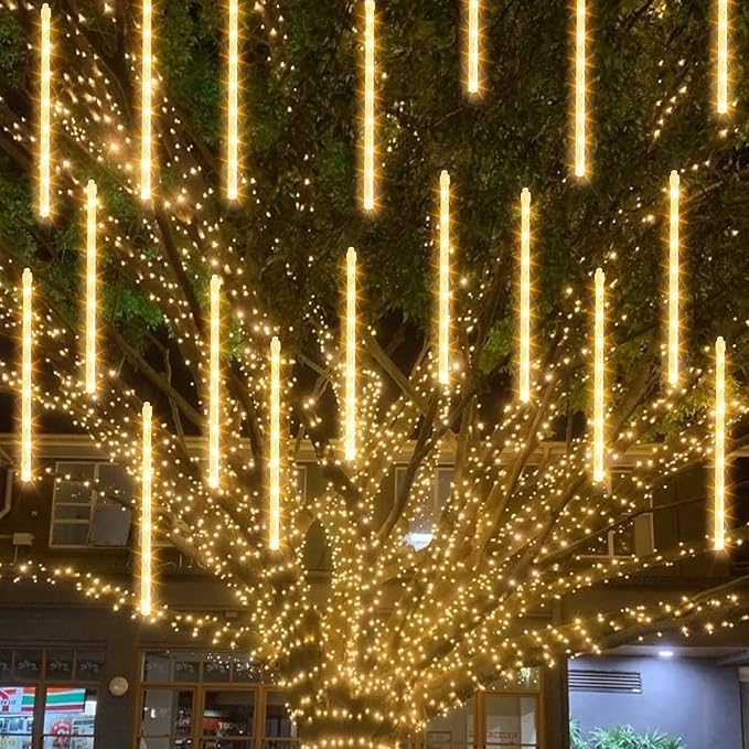 TW SHINE Christmas Meteor Shower Lights Outdoor, 288 LED 12" 8 Tubes Waterproof Christmas Lights Outdoor Plug in, Snow Falling Rain Icicle Xmas Lights Decorations, Warm White