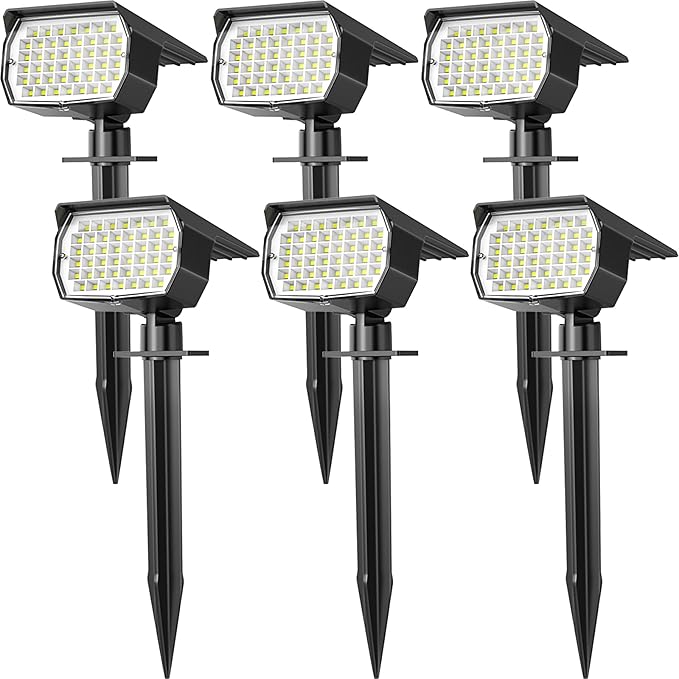 Solar Spot Lights Outdoor Waterproof IP65, 6 Pack Landscape Spotlights with 46 LEDs, 3 Modes Auto On/Off Solar Powered Flood Lights for Outside Pathway, Yard, Garden, Walkway (Cool White)