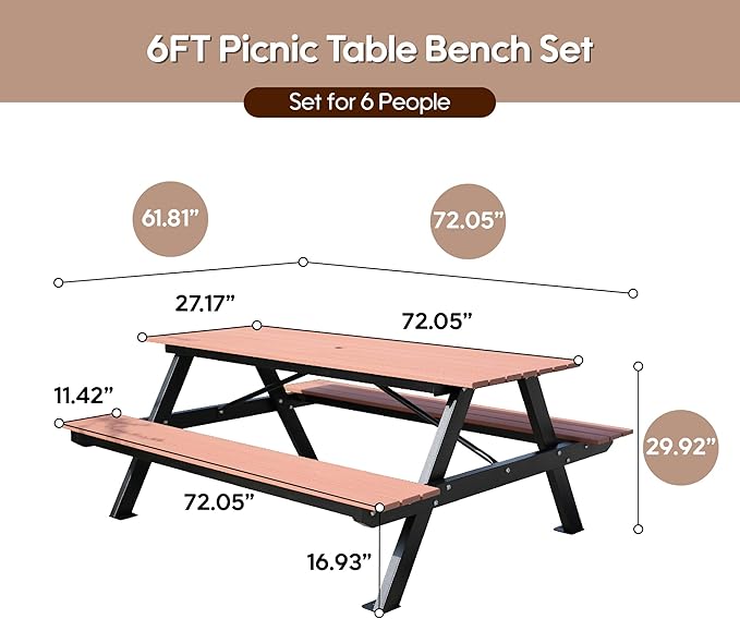 6FT Outdoor Picnic Table and Bench Set with 2" Umbrella Hole, WPC Tabletop Seattop Patio Dining Set for 6 People, Outdoor Dining Table and Chair for Park Garden Yard Patio- Brown