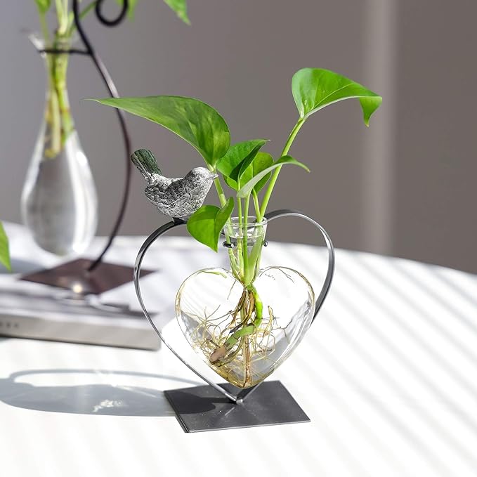 Marbrasse Desktop Glass Vase, Bulb Glass Vases for Holder, Creative Bird with Heart Planter Vase, Plant Terrarium Metal Stand for Modern Office Home Wedding Decorations