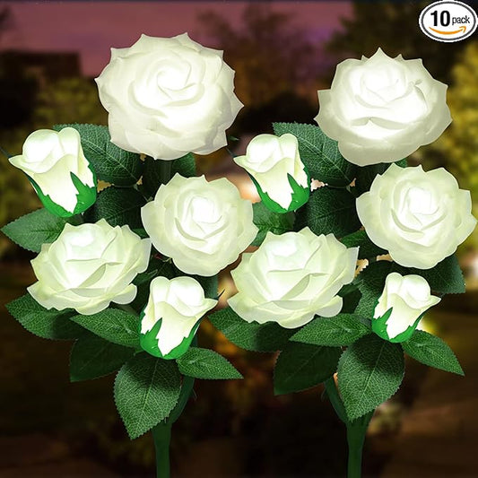 Solar Flower Lights Outdoor - Upgraded New Material Two Modes Realistic LED Solar Powered Waterproof Lights with 5 Roses, Solar Decorative Stake Lights for Garden (White, 2 Pack)
