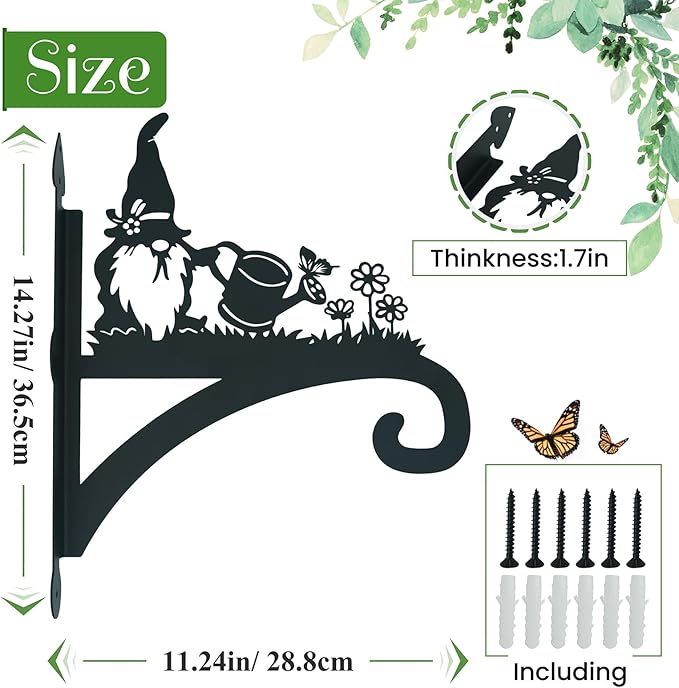 Hanging Plant Bracket Heavy Duty Iron Ornamental Gnome Silhouette Hanging Plant Hangers Outdoor 12 inch Hanging Basket Bracket Hook Wall Mounted for Flower Pot, Lantern, Bird Feeder, Wind Chimes