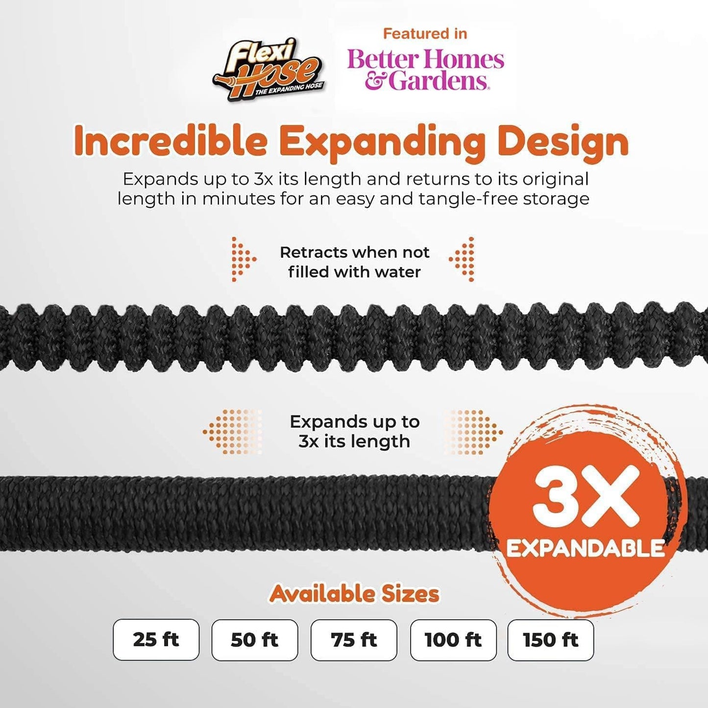 Flexi Hose PLUS with 8 Function Nozzle Expandable Garden Hose, Lightweight & No-Kink Flexible Garden Hose, 3/4 inch Solid Brass Fittings and Double Latex Core, 25 ft Black