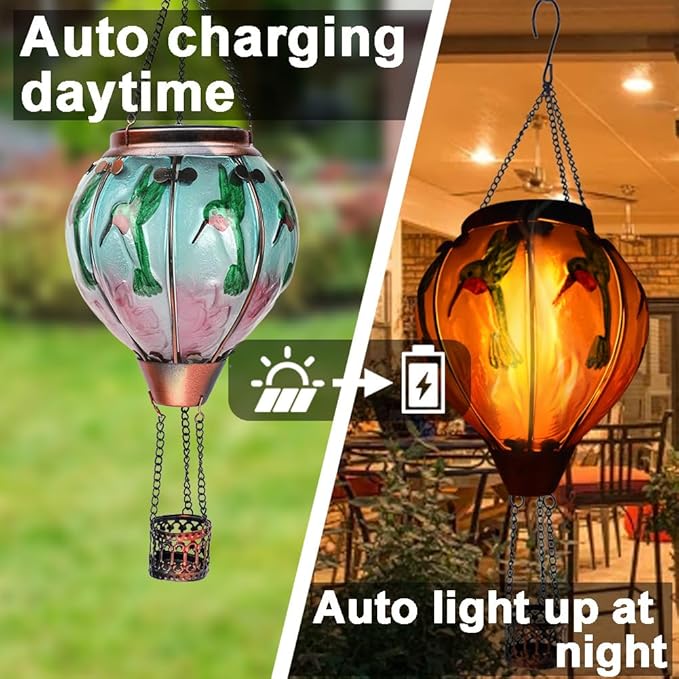 2PC Hot Air Balloon Solar Lantern with 2PC Shepherd Hook, Flickering Flame Hanging Solar Lanterns Outdoor Lights Waterproof Lanterns Decorative Garden Patio Yard Party Decor (Hummingbirds)
