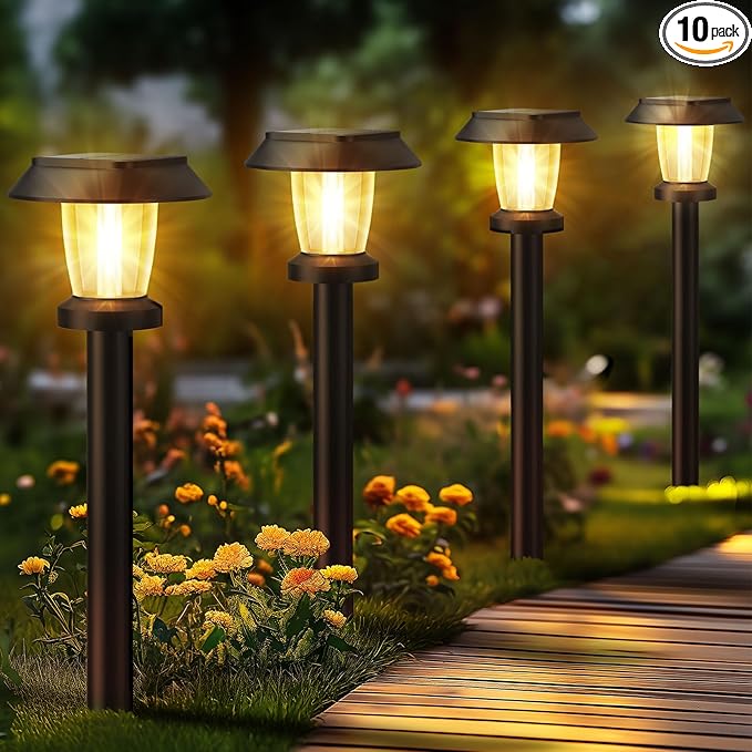 Solar Pathway Lights Outdoor - 10 Pack Solar Powered Garden Lights Waterproof, Decor Landscape Lighting with Three Lighting Modes for Yard, Lawn, Walkway, Driveway, Warm White