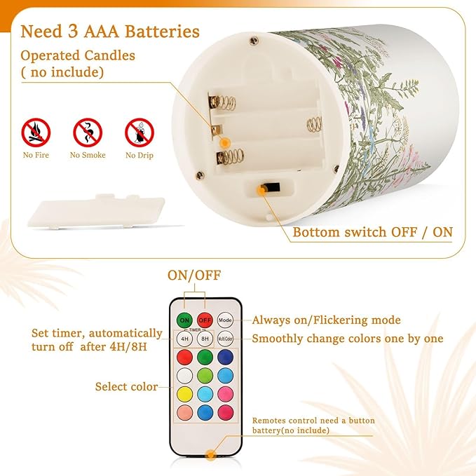 Flickering Flameless Candles, Flowers Herbs Wildflowers Botanical LED Candles with Remote Timer, Set of 2 Battery Operated Candle for Valentine Wedding Birthday