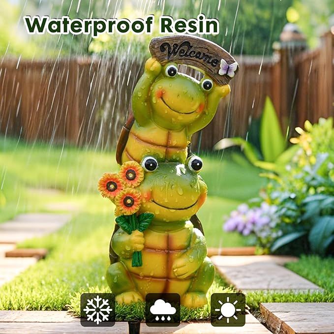 Garden Turtle Outdoor Statues, Solar Garden Statue Two Sweet Frog Face Turtles Decor with 3 LED Lights, Unique Art Resin Gifts for Patio Lawn Porch Yard