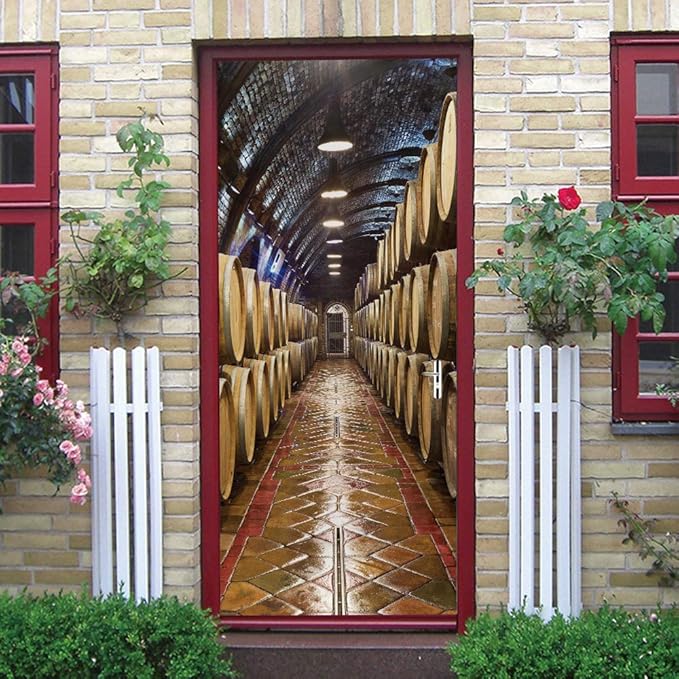 3D Door Stickers Murals - Peel & Stick Wine Cellar Theme - Removable PVC Waterproof Door Poster, 37.4" x 78.7" for Bedroom & Living Room