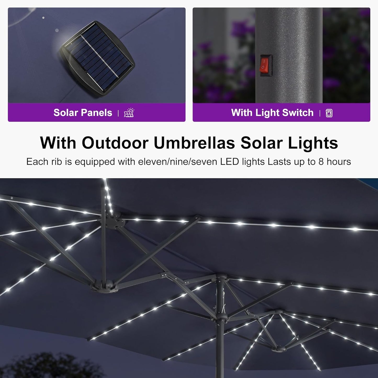 PURPLE LEAF 14ft Patio Umbrella with Solar Lights Outdoor Double-Side Market Umbrella with Base Included Rectangle Table Umbrella for Pool Garden Backyard, Navy blue