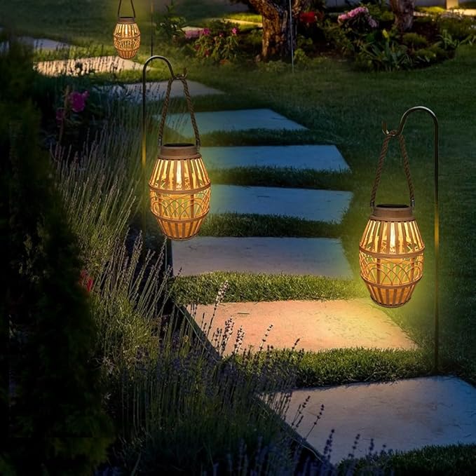 pearlstar Outdoor Solar Lanterns Light Rattan Natural Lantern with Handle for Hanging or Table Lamp for Patio Yard Garden Wedding Home Decoration, Edison Bulb, Auto on/Off (Style3)