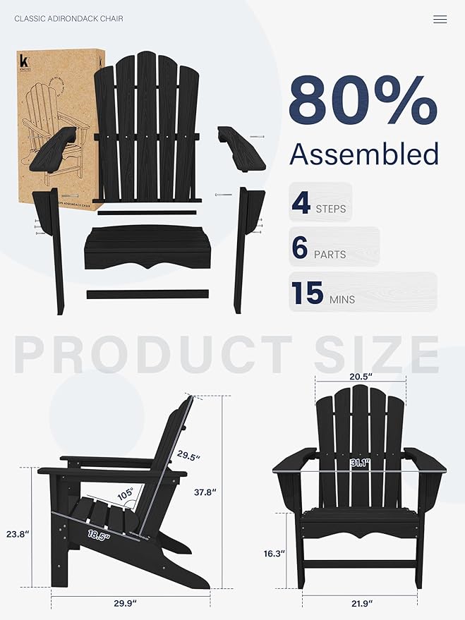 KINGYES HDPE Adirondack Chair, Classic All-Weather Adirondack Chair Set of 2, Black