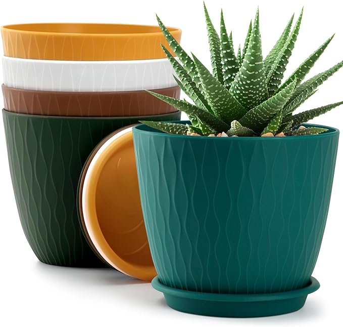 Plant Pots – 6 Inch Planters with Drainage Holes and Saucers, Flower Pots for Indoor and Outdoor Plants, Nursery Planting Pots (Pack of 5, Multicolor)