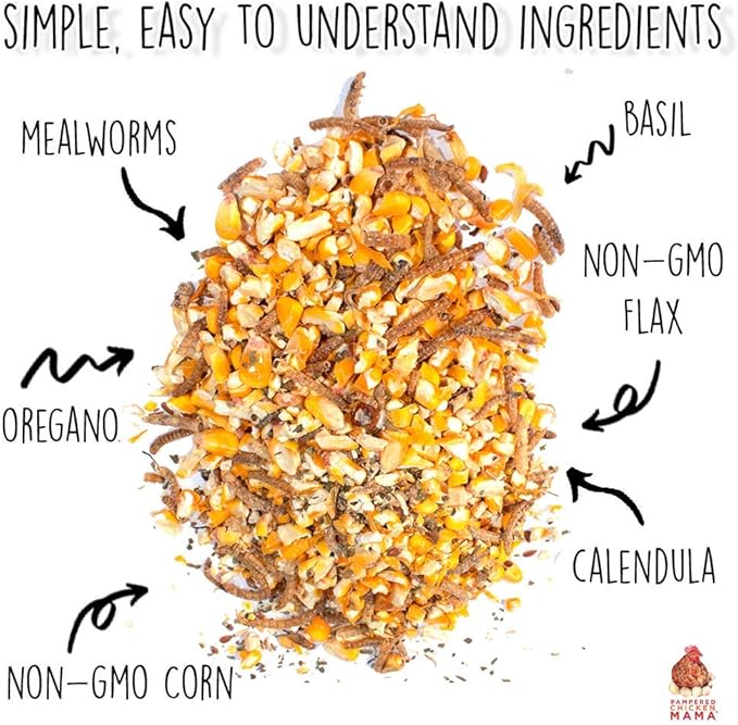 Pampered Chicken Mama Non-GMO Mealworm, Corn, Flax, & Herb Treat for Backyard Chickens, Healthy Layer Feed & Supplies for Pet Chickens Poultry Queen Treat for Hens (20 pounds)