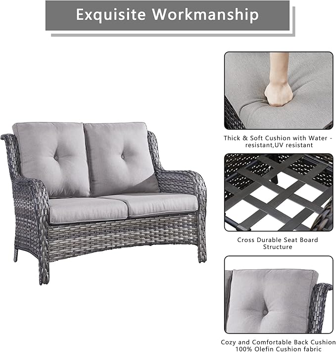 Outdoor Wicker Patio Furniture Set - 5 Piece Rattan Patio Conversation Set with 2 Rocking Swivel Chairs,2 Ottomans and 1 Loveseat for Porch Deck Backyard Garden(Mixed Grey/Grey)