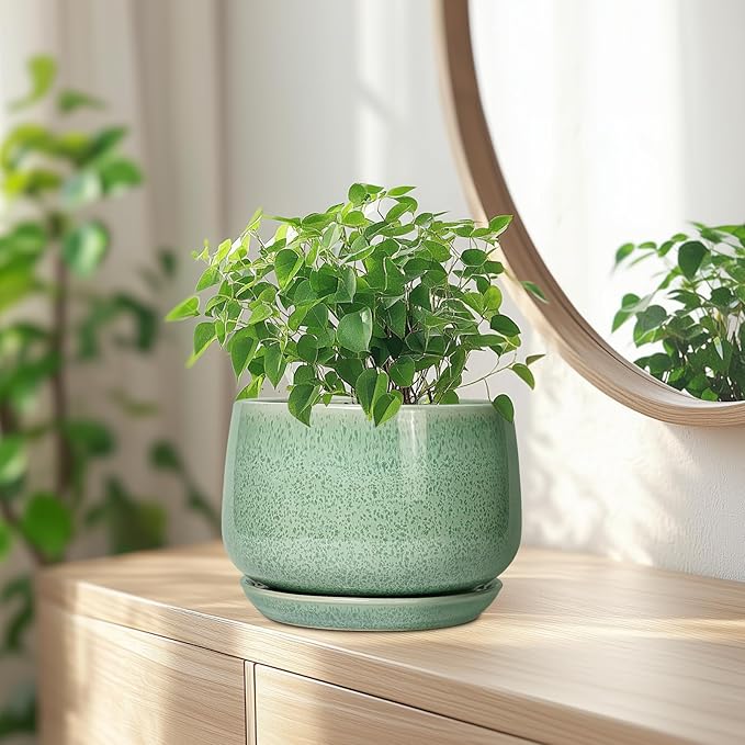 G EPGardening Ceramic Plant Pot - 7 Inch Ceramic Planter for Indoor Outdoor Plants, Flower Pot with Drainage Hole and Tray, Modern Round Planter, Plants Lovers Gifts, Home Garden Decor, Green