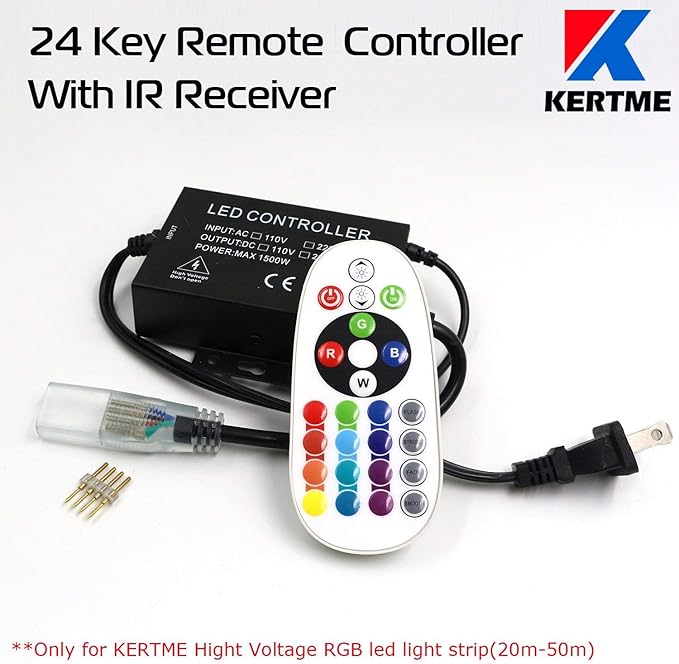 5050-60 Type AC 110-120V RGB LED Strip Lights, Flexible/Waterproof/Dimmable/Multi-Colors/Multi-Modes LED Rope Light + 24 Keys Remote for Home/Garden/Building Decoration (164ft/50m, RGB)