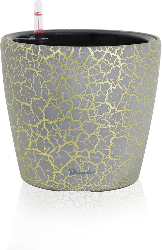 Dexceder 9x8 Inches Self Watering Planter Indoor Outdoor, Inner Pot Design, Thickened Table Flower Plant Pot with Water Level Indicator (Grey Gold Crackle)