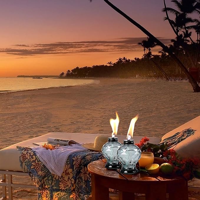 Tewei 4 Pack Grey Table Top Light Torches Outdoor, Mini Glass Torches Lanterns for Outside, Easy to Refill Citronella Torches for Garden Patio Yard Party