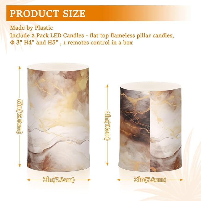 Flickering Flameless Candles, Brown White Marble LED Candles with Remote Timer, Set of 2 Battery Operated Candle for Valentine Wedding Birthday