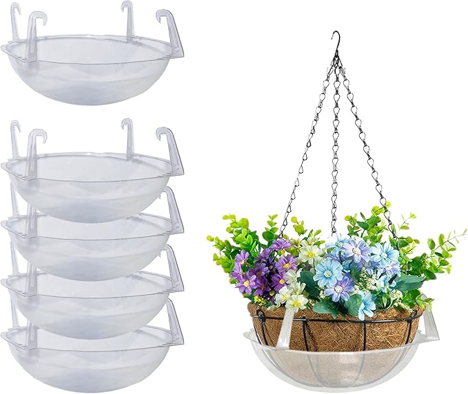 Curtis Wagner Plastics Wire Coco Hanging Basket Drip Pans (5-Pack) | Clear, Round (12” - 14" Top, 3.75" Depth) Hanging Plant Tray Saucer with Built-in Hooks & Water Catcher for Indoor & Outdoor