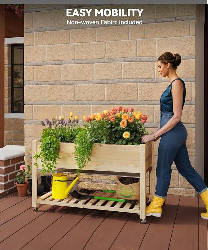 Raised Garden Bed with Legs and Wheels, Wooden Raised Planter Box with Storage Shelf, Protective Liner, Mobile Elevated Wood Planter for Backyard, Patio, Balcony Natural, 48"×24"×30"