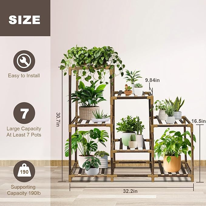 Plant Stand Indoor, 3-Tier Outdoor Wood Plant Stand for Multiple Plants, Accommodates 7 Potted Plants, Ideal for Room Corners, Balconies, Gardens, and Plant Gardening Gifts