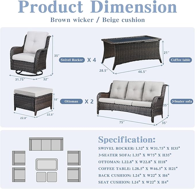 Wicker Patio Furniture Sets - 8 Piece Outdoor Rattan Furniture Conversation Sets with 4 Swivel Rocker Chairs, Rattan Sofa, Wicker Ottomans and Coffee Table, Brown/Beige