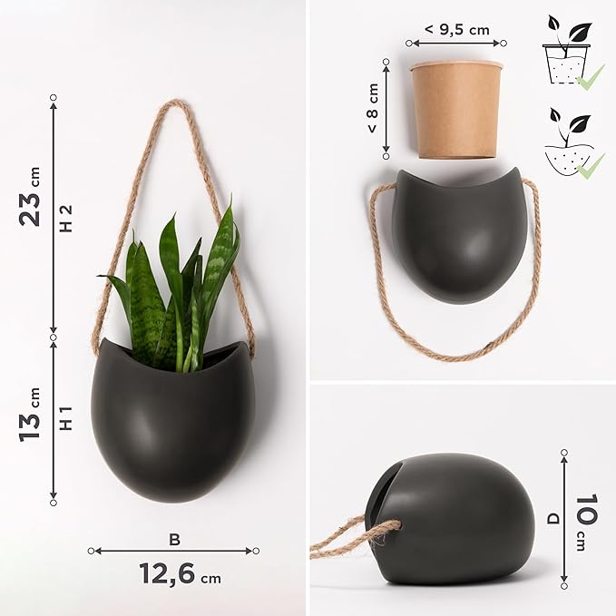 Wall Planters -Ellie- | Hanging Ceramic Plant Pots 3 Pieces | Wall Decoration for Indoors, Balcony and Garden | Graphite (Matte)